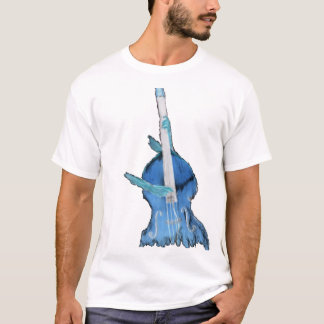 rechthoekige bas, gespeeld door twee handen, blauw t-shirt