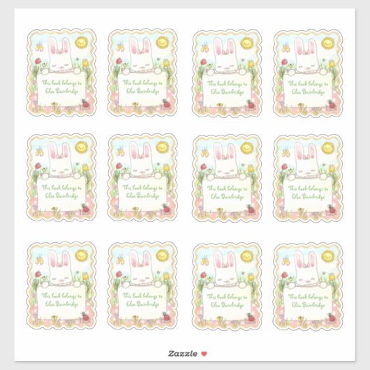 Rechthoekige roze konijnenboekjes sticker (Vel)