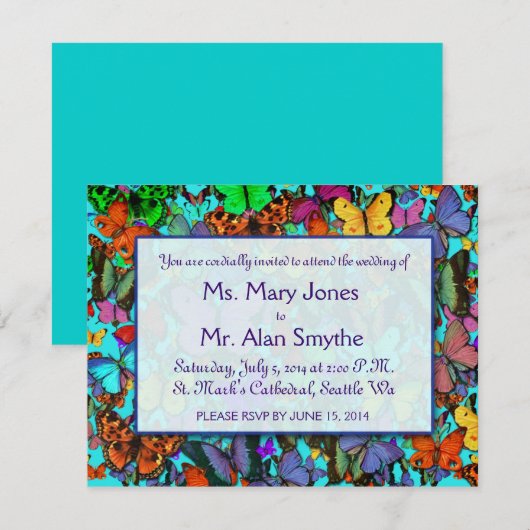 Rechthoekige uitnodigingen met gekleurde vlinders (Voorkant / Achterkant)