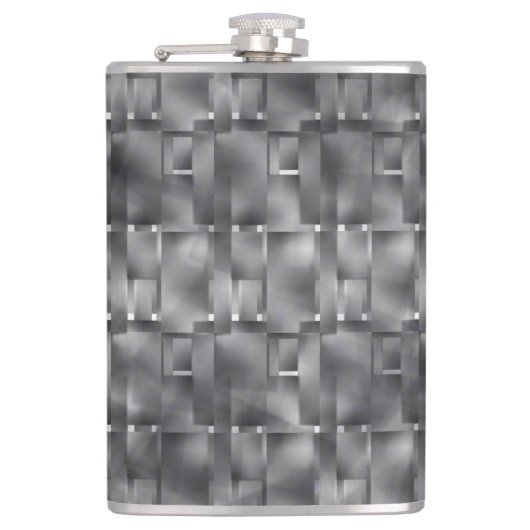 Rechthoekige vormen van grijze kleur en donkere vl heupfles (Voorkant)