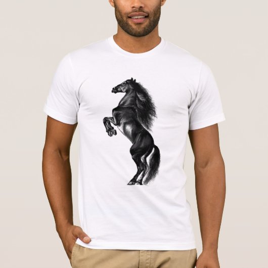 Rechtop Zwart Wilde Paard Zwart-wit Schilderij T-shirt (Voorkant)
