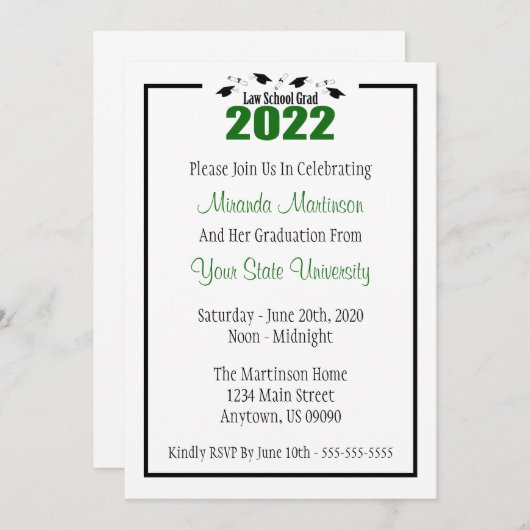 Rechtsschool 2022 Afstuderen Invite (Groene Petten Kaart (Voorkant / Achterkant)