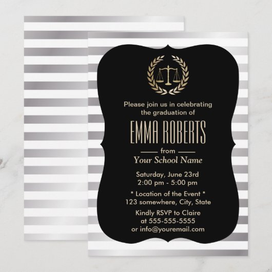 Rechtsschool Modern Silver Stripes Graduparty Kaart (Voorkant / Achterkant)