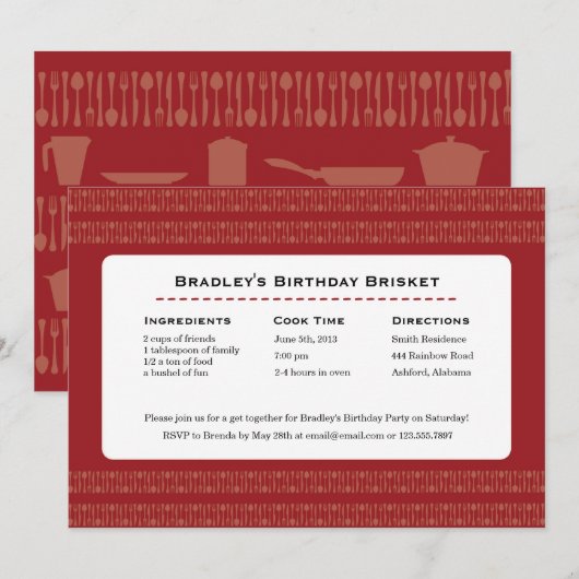 Recipe Card Utils Red Party Invitation Kaart (Voorkant / Achterkant)