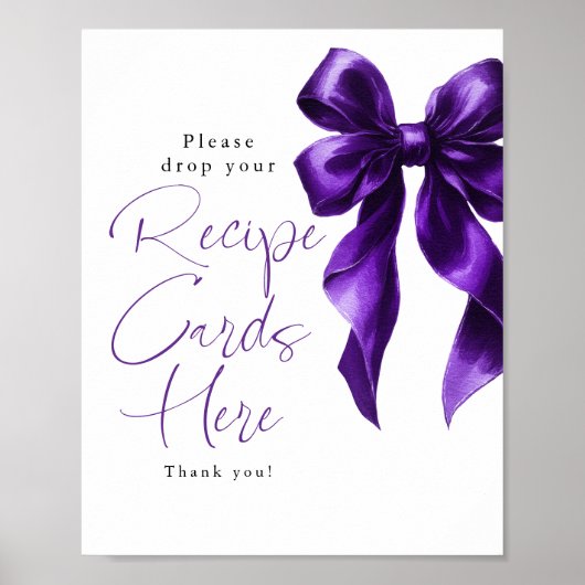 Recipe Cards Dark Purple Bow Bridal Shower Sign Poster (Voorkant)