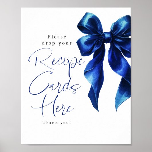 Recipe Cards Navy Blue Bow Bridal Shower Sign Poster (Voorkant)