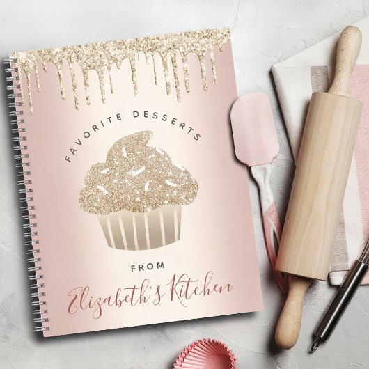 Recipe Cookbook Gold Glitter Cupcake Bakery Pink Notitieboek