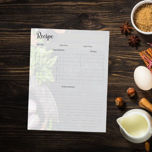 Recipe cookbook page insert