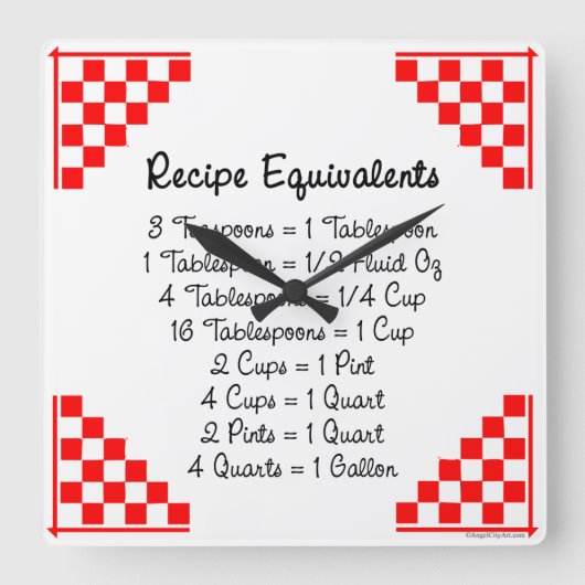 Recipe Equivalents Red White Kitchen Clock Vierkante Klok (Voorkant)
