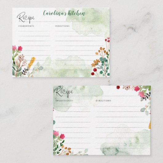 Recipe-kaart met waterverf wildbloemen informatiekaartje (Voorkant / Achterkant)