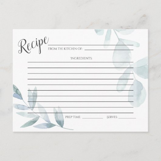 RECIPE-KAART | Stamblauwe Waterverf Eucalyptus Briefkaart (Voorkant)