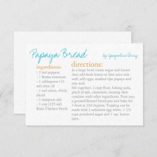 Recipe Kaart | Uw Sinaasappel Recipe Turquoise (Voorkant / Achterkant)