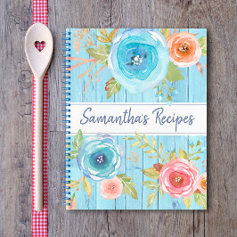 Recipe kookboek floral rustic waterverf blue wood notitieboek