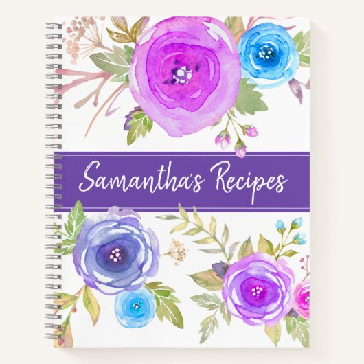 Recipe kookboek kic blue paarse florale waterverf notitieboek (Voorkant)