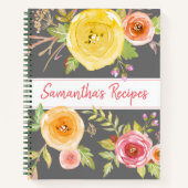 Recipe kookboek roze gele florale waterverf grijs notitieboek (Voorkant)