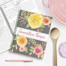 Recipe kookboek roze gele florale waterverf grijs notitieboek