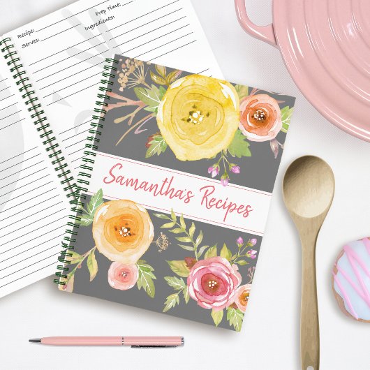 Recipe kookboek roze gele florale waterverf grijs notitieboek
