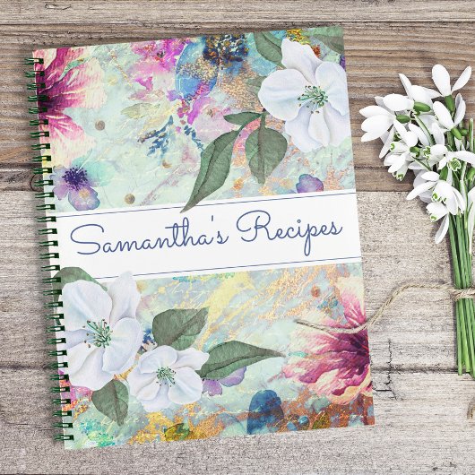 Recipe kookbook,  aqua florale waterverf notitieboek