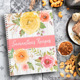 Recipe kookbook, waterverf floral on rustige wood notitieboek