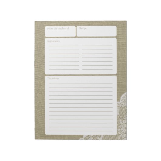 Recipe Page Burlap en Lace Notitieblok (Linkerzijde)