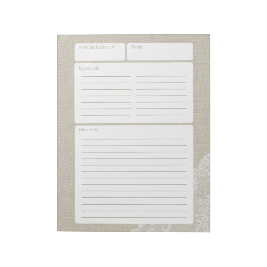 Recipe Page Light Burlap en Lace Notitieblok (Linkerzijde)