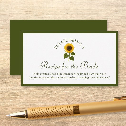 Recipe Request Card for Bridal Shower Sunflower Informatiekaartje