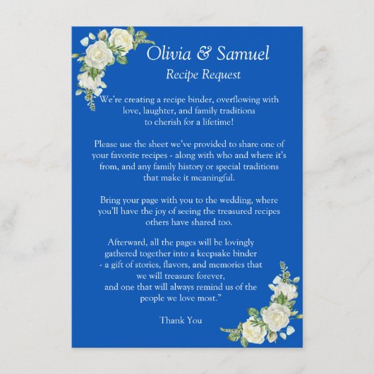 Recipe Request - Cobalt Blue & White Roses Wedding Informatiekaartje (Voorkant)