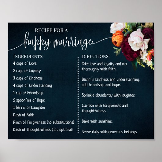Recipe voor een Happy Marriage Pas getrouwd Navy W Poster (Voorkant)