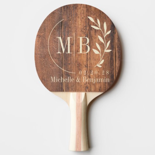 Reclaimed Wood Leaf Wedding Monogram Tafeltennisbatje (Achterkant)