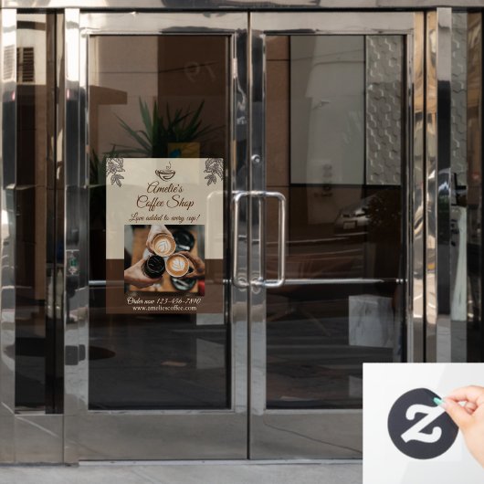 Reclame op de voordeur van koffiezaak aanpassen raamsticker (Kantoordeur)