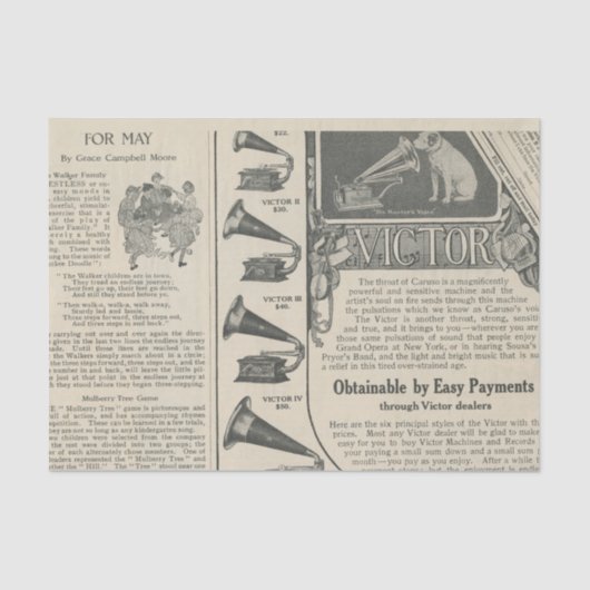 Reclame voor grammofoon uit het verleden tissuepapier (Voorkant)