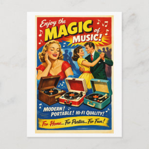 Reclame voor platenspeler in vintage stijl uit de briefkaart