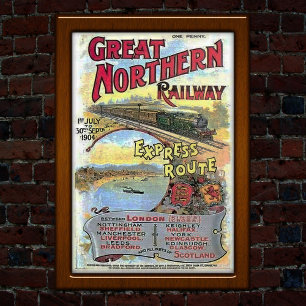 Reclame voor reizen per trein op nostalgische inte poster