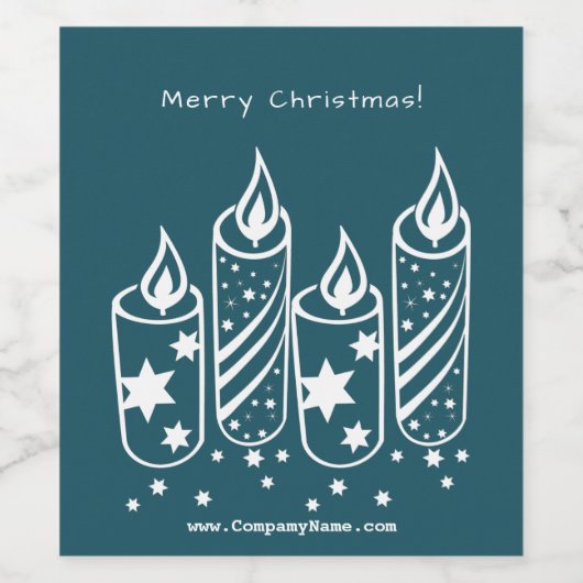Reclameblauw en witte kaarsen, prettig kerstfeest wijn etiket (Enkel label)