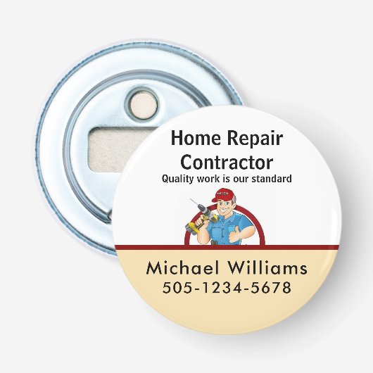 Reclameherstelling van het hoofdkantoor van de Mag Button Flesopener (Voorkant)