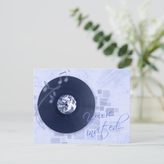 Record album op Blue Dance Party Invitation Kaart (Staand voorkant)