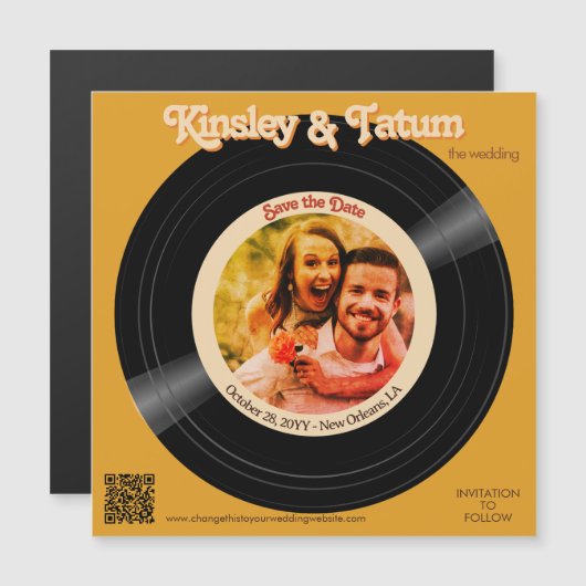 Record Fotomagneet Bewaar de datum QR Groovy Brown (Voorkant / Achterkant)