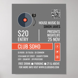 Record Player Logo, Professionele DJ Adverteren Poster