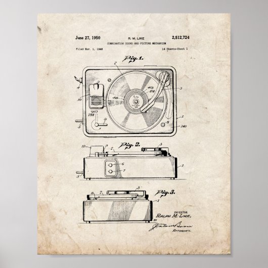 Record Player Patent - Oude look Poster (Voorkant)