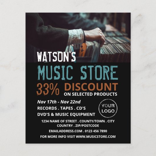 Record selecteren, muziekwinkel Adverteren Flyer (Voorkant)