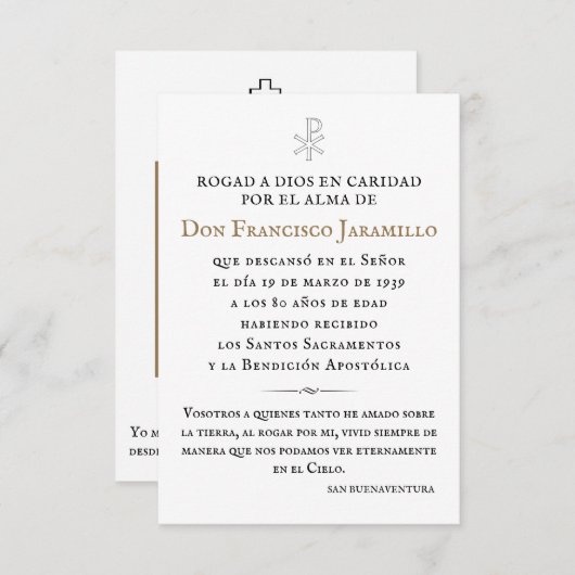 Recordatorio Memorial Kaart (Voorkant / Achterkant)