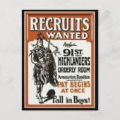 Recruitment 91e Highlanders Bagpiles WOI Briefkaart (Voorkant)