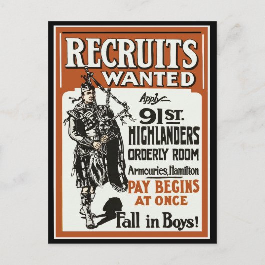 Recruitment 91e Highlanders Bagpiles WOI Briefkaart (Voorkant)