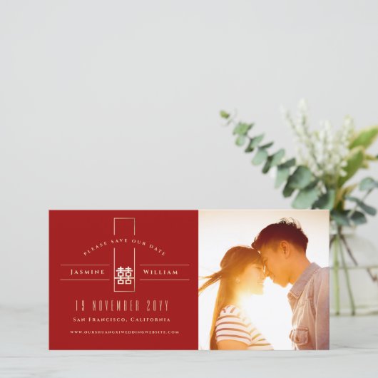Rectangle Double Happiness Chinese Weddenfoto Save The Date (Staand voorkant)