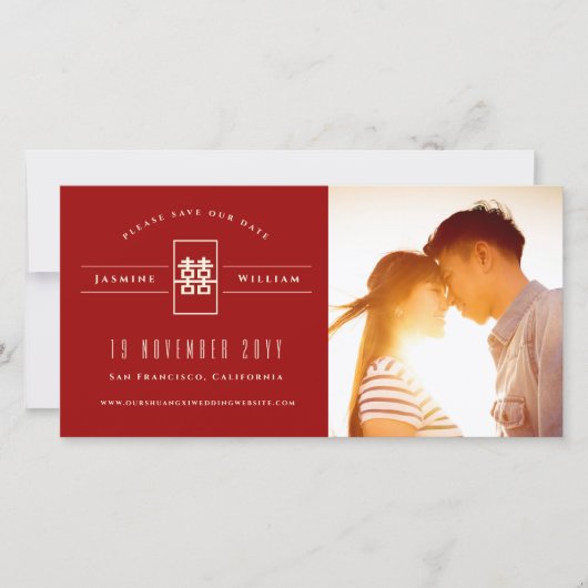 Rectangle Double Happiness Chinese Weddenfoto Save The Date (Voorkant)