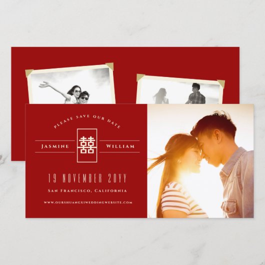 Rectangle Double Happiness Chinese Weddenfoto Save The Date (Voorkant / Achterkant)