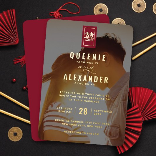 Rectangle Double Happiness Photo Chinese Weddensch Folie Uitnodiging
