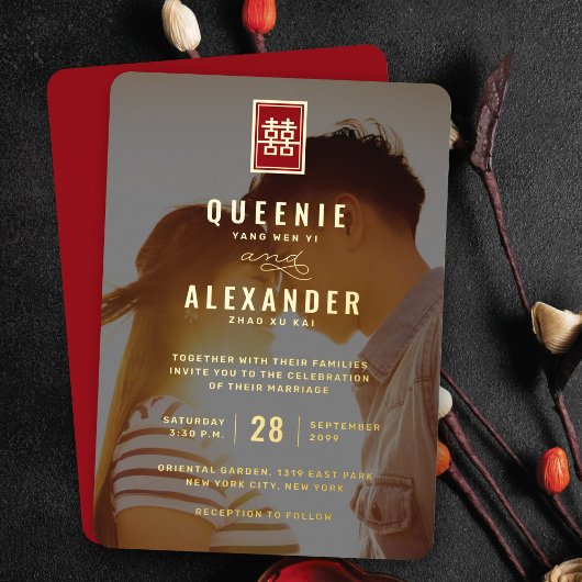 Rectangle Double Happiness Photo Chinese Weddensch Folie Uitnodiging