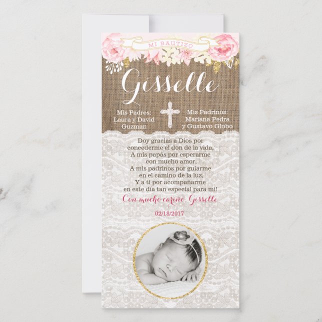 Recuerdo de Bautizo, tarjeta de recuerdo (Voorkant)