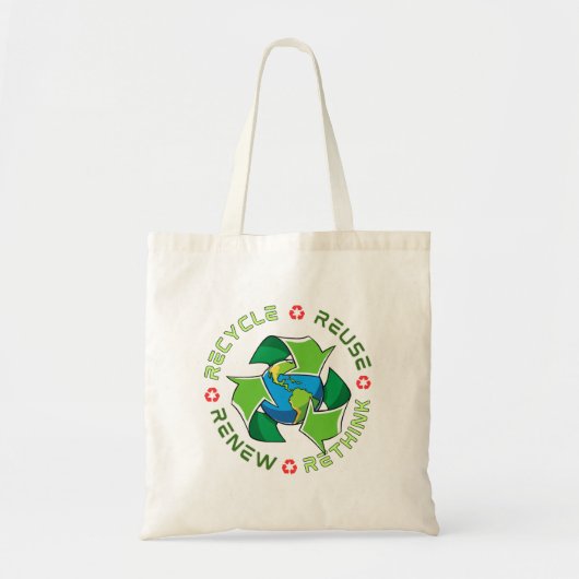 Recyclen, hergebruikt, vernieuwt, herdenkt. Red Pl Tote Bag (Voorkant)